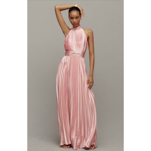Anthropologie Mac Duggal Maxi Dress Pink Halter Pleated Preppy Gown Size 4 NWT